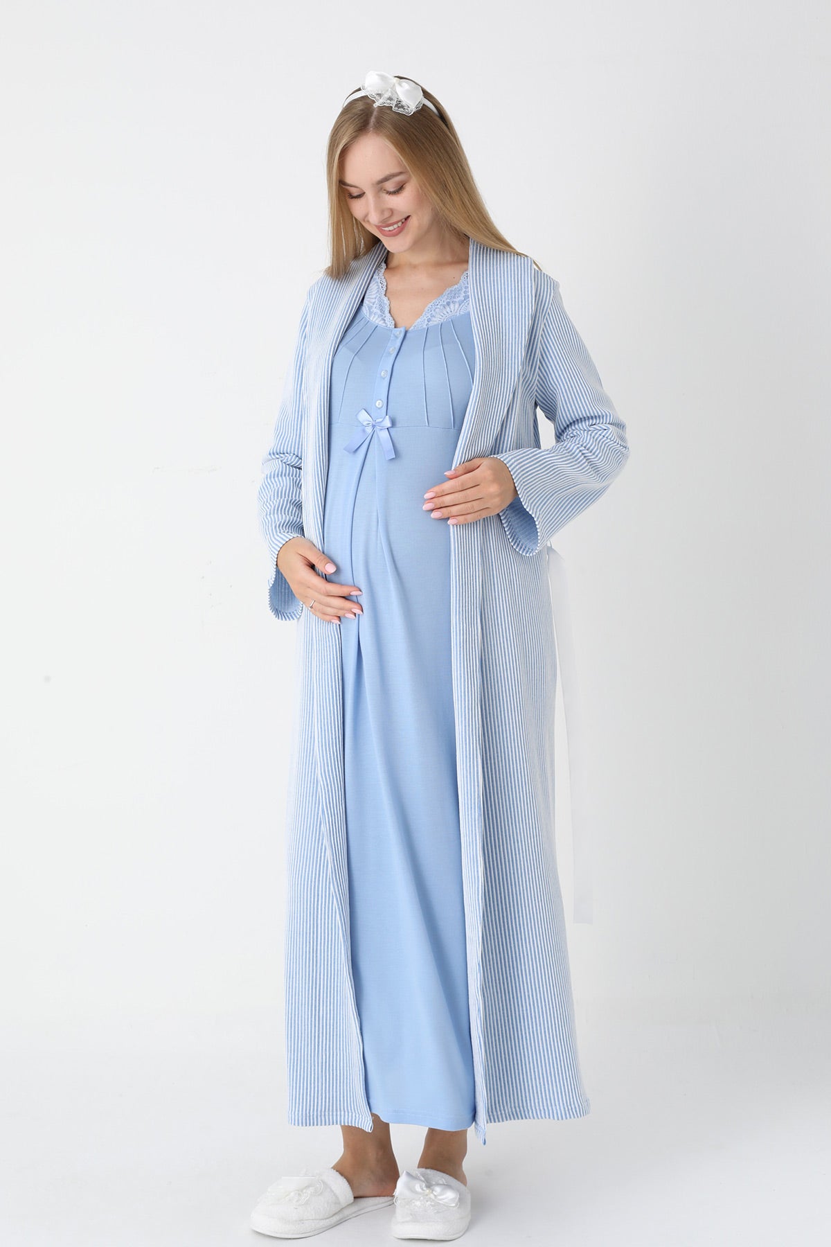Lace Collar Maternity-Nursing Nightgown & Striped Robe Set Blue - 2305