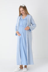Lace Collar Maternity-Nursing Nightgown & Striped Robe Set Blue - 2305