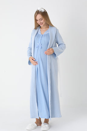 Lace Collar Maternity-Nursing Nightgown & Striped Robe Set Blue - 2305