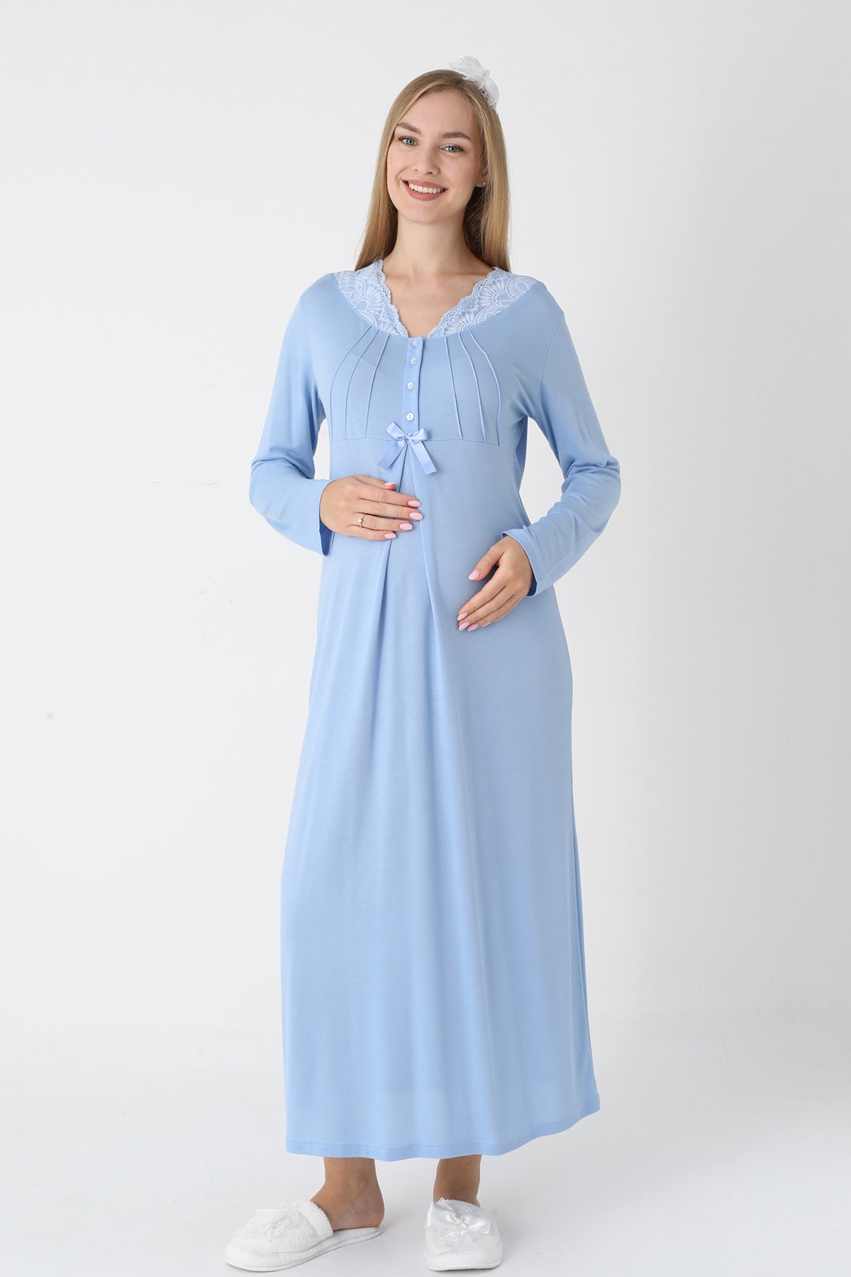 Lace Collar Maternity-Nursing Nightgown & Striped Robe Set Blue - 2305