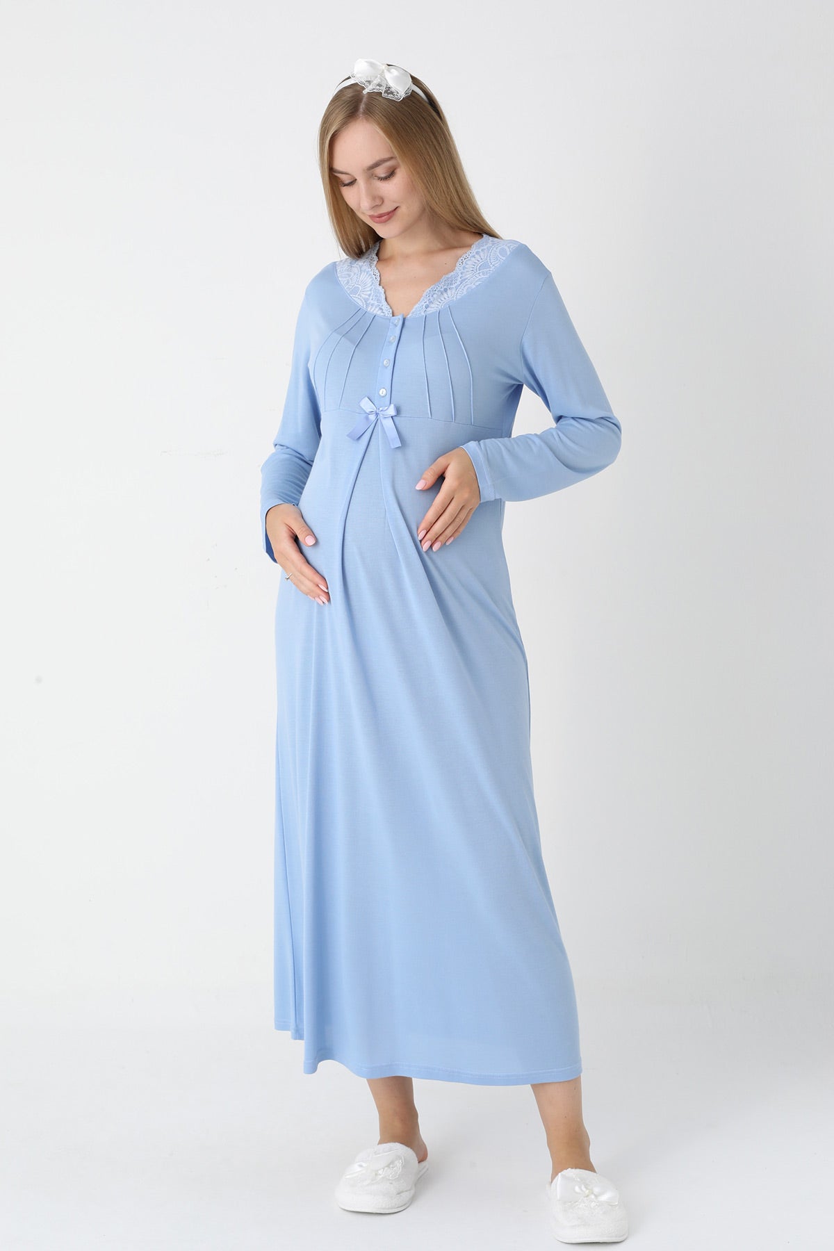 Lace Collar Maternity-Nursing Nightgown & Striped Robe Set Blue - 2305