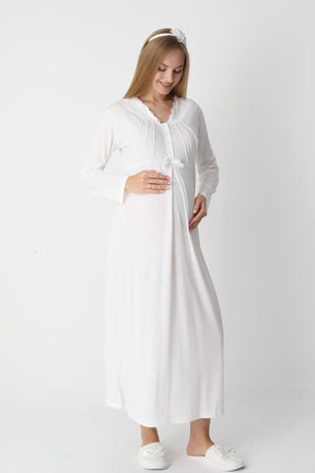 Lace Collar Maternity-Nursing Nightgown & Striped Robe Set Ecru - 2305