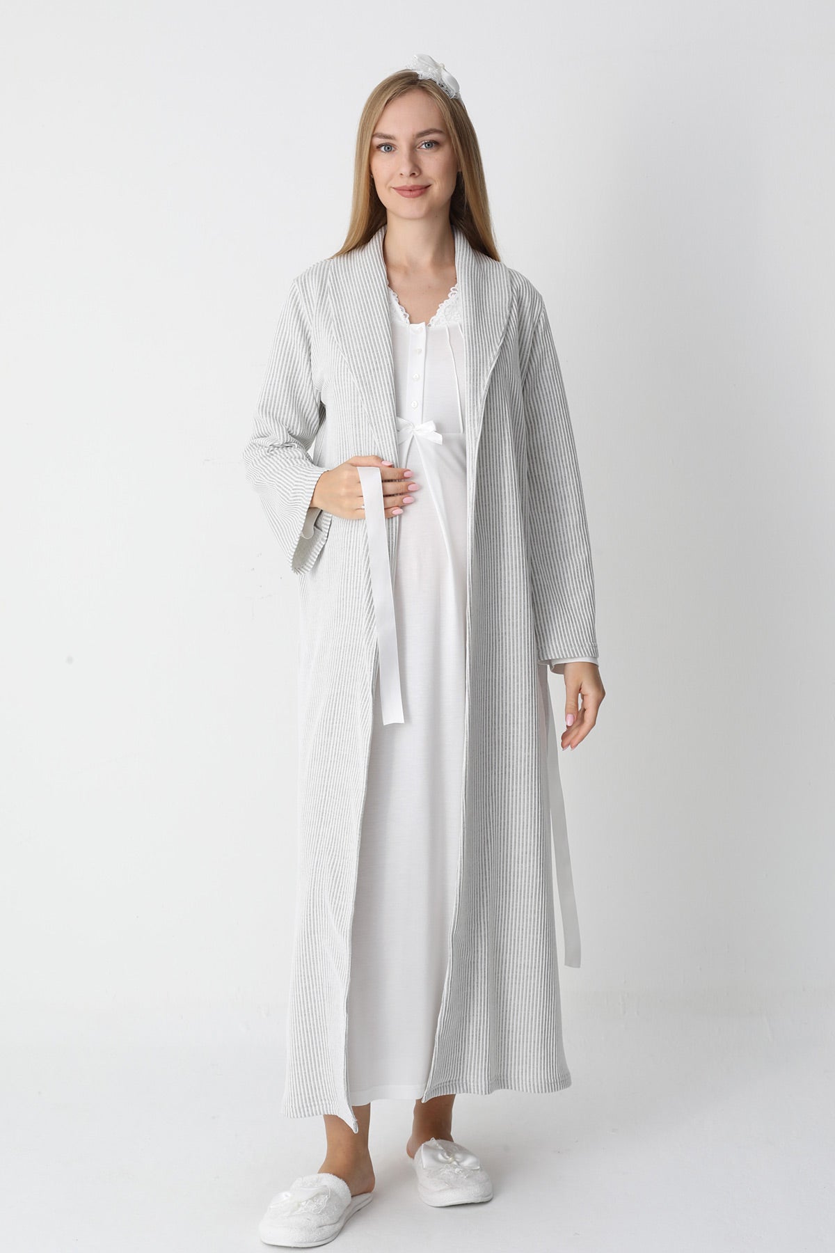 Lace Collar Maternity-Nursing Nightgown & Striped Robe Set Ecru - 2305
