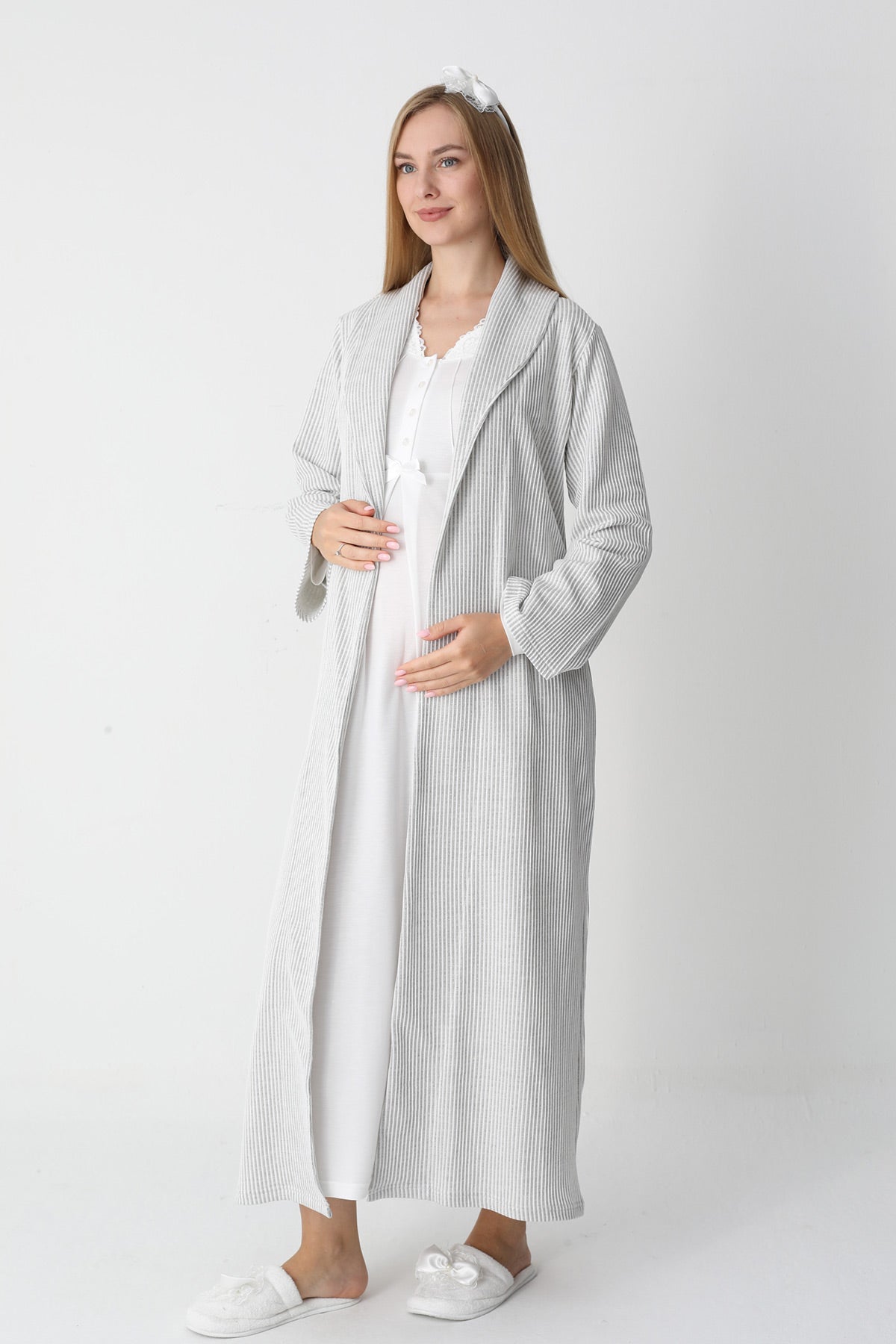 Lace Collar Maternity-Nursing Nightgown & Striped Robe Set Ecru - 2305