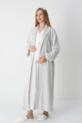 Lace Collar Maternity-Nursing Nightgown & Striped Robe Set Ecru - 2305