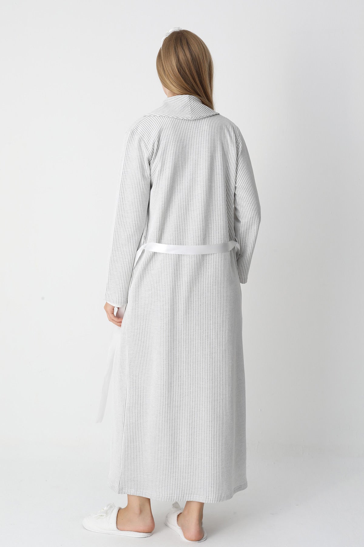 Lace Collar Maternity-Nursing Nightgown & Striped Robe Set Ecru - 2305