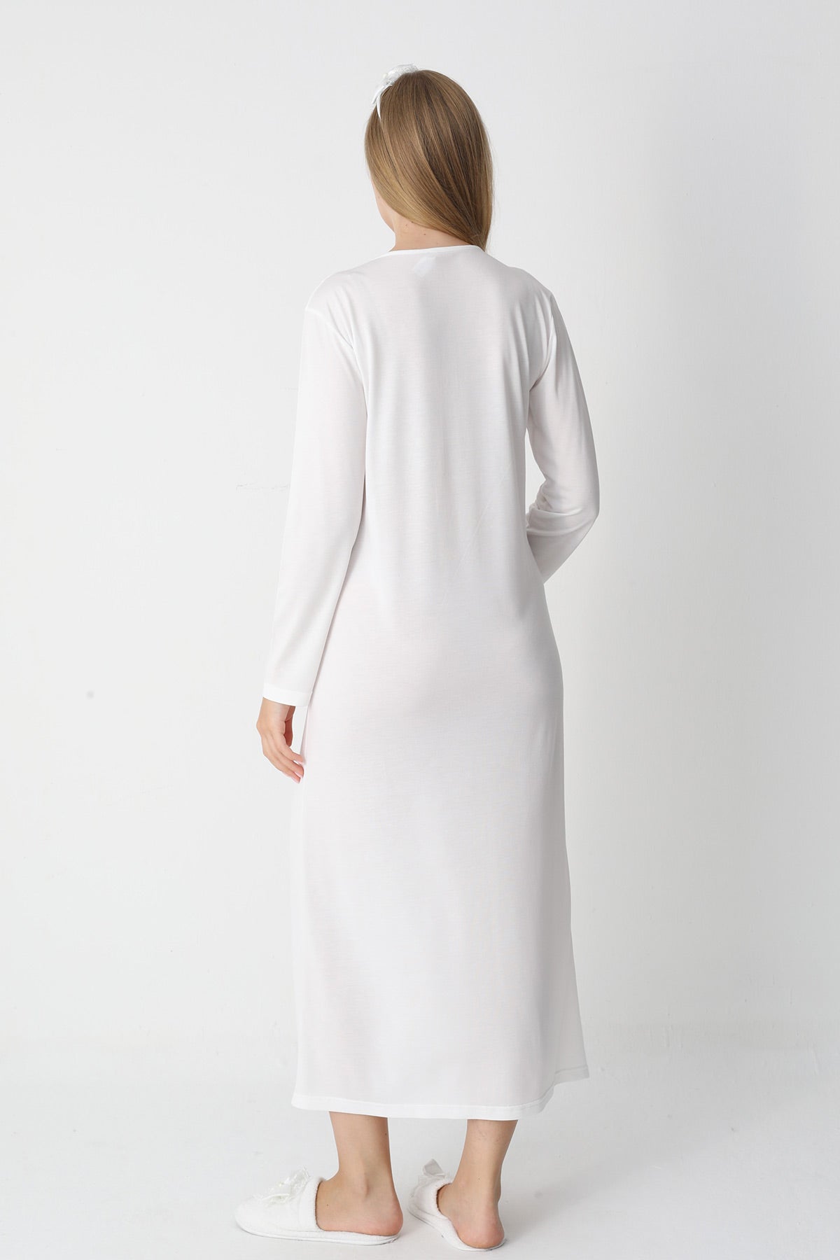 Lace Collar Maternity-Nursing Nightgown & Striped Robe Set Ecru - 2305