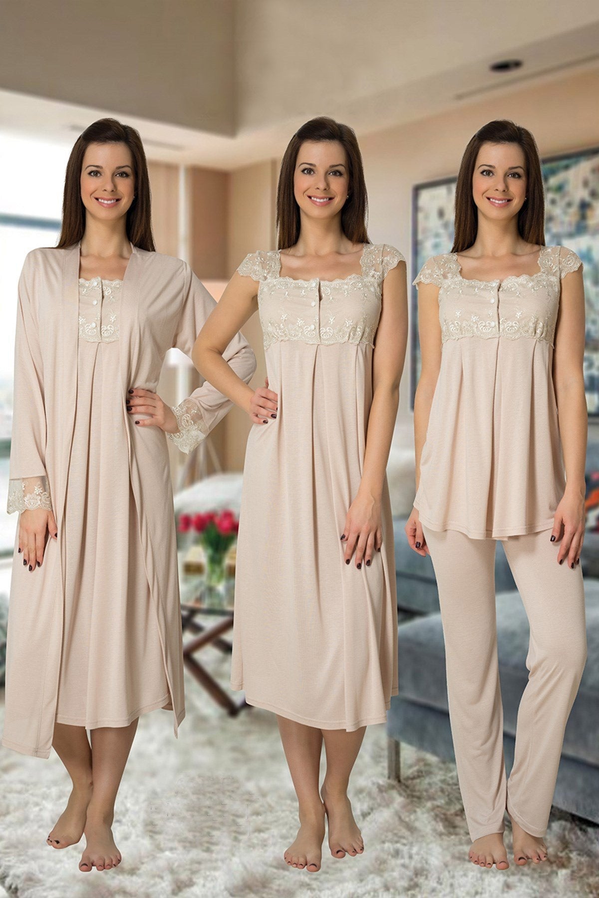 Lace Shoulder 4 Piece Maternity-Nursing Set Coffee - 2305