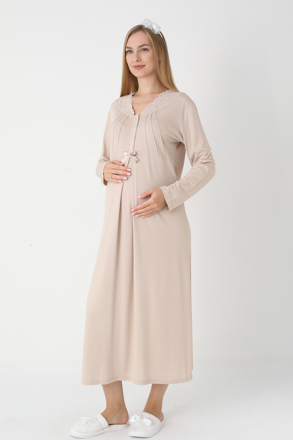 Lace Collar Maternity-Nursing Nightgown & Striped Robe Set Mink - 2305