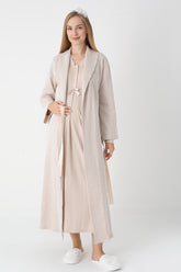 Lace Collar Maternity-Nursing Nightgown & Striped Robe Set Mink - 2305