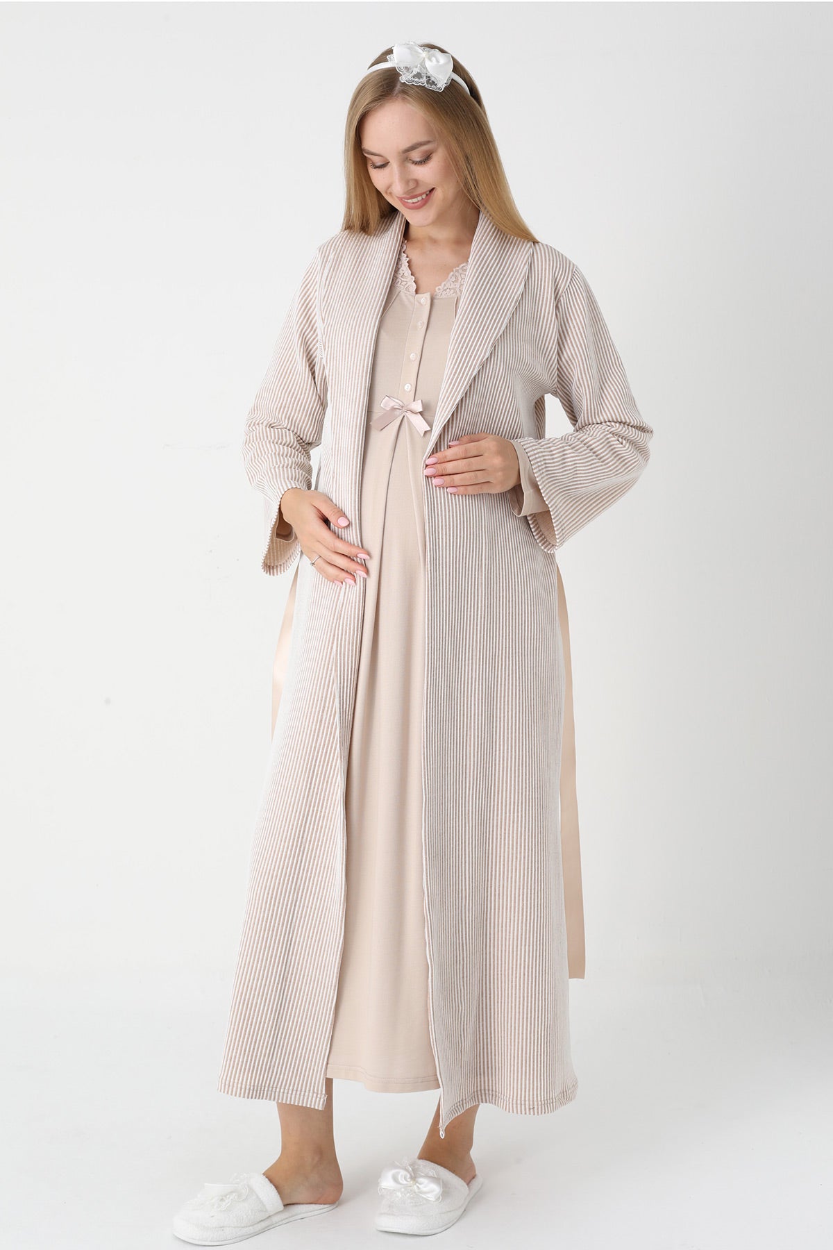 Lace Collar Maternity-Nursing Nightgown & Striped Robe Set Mink - 2305