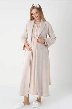 Lace Collar Maternity-Nursing Nightgown & Striped Robe Set Mink - 2305