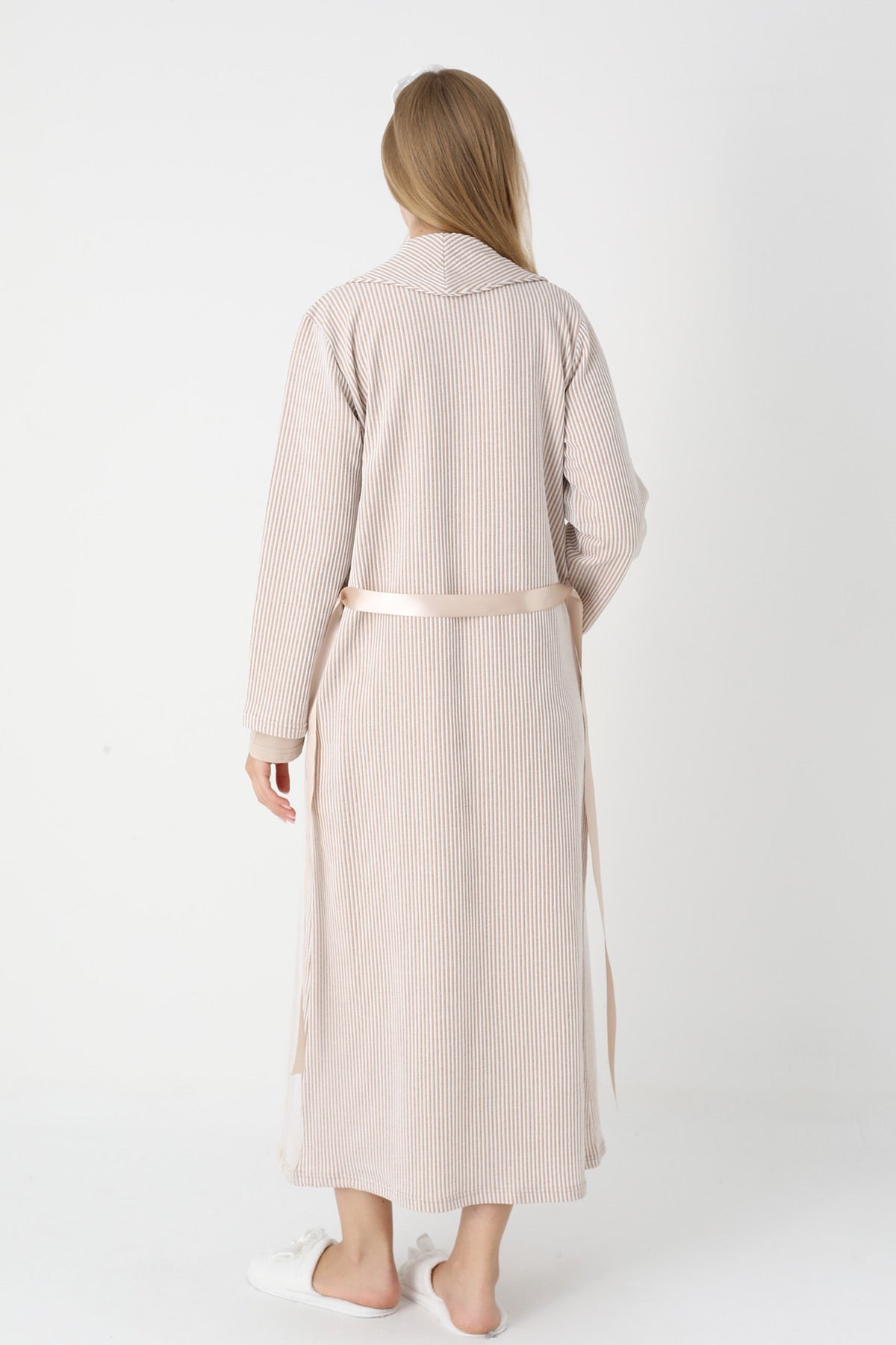 Lace Collar Maternity-Nursing Nightgown & Striped Robe Set Mink - 2305