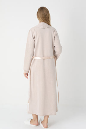 Lace Collar Maternity-Nursing Nightgown & Striped Robe Set Mink - 2305