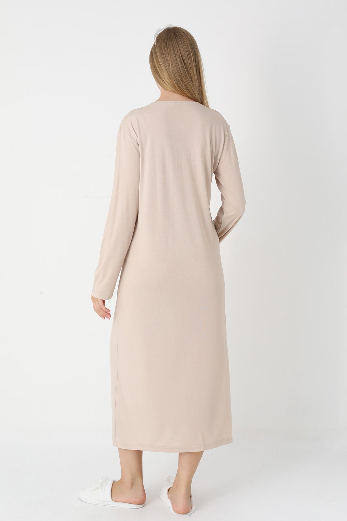 Lace Collar Maternity-Nursing Nightgown & Striped Robe Set Mink - 2305