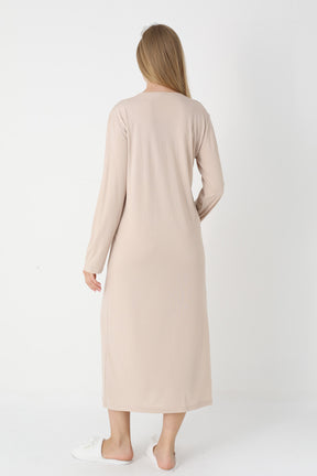 Lace Collar Maternity-Nursing Nightgown & Striped Robe Set Mink - 2305