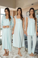 Lace Shoulder 4 Piece Maternity-Nursing Set Turquoise - 2305