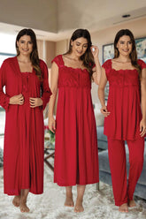 Lace Shoulder 4 Piece Maternity-Nursing Set Cherry - 2305