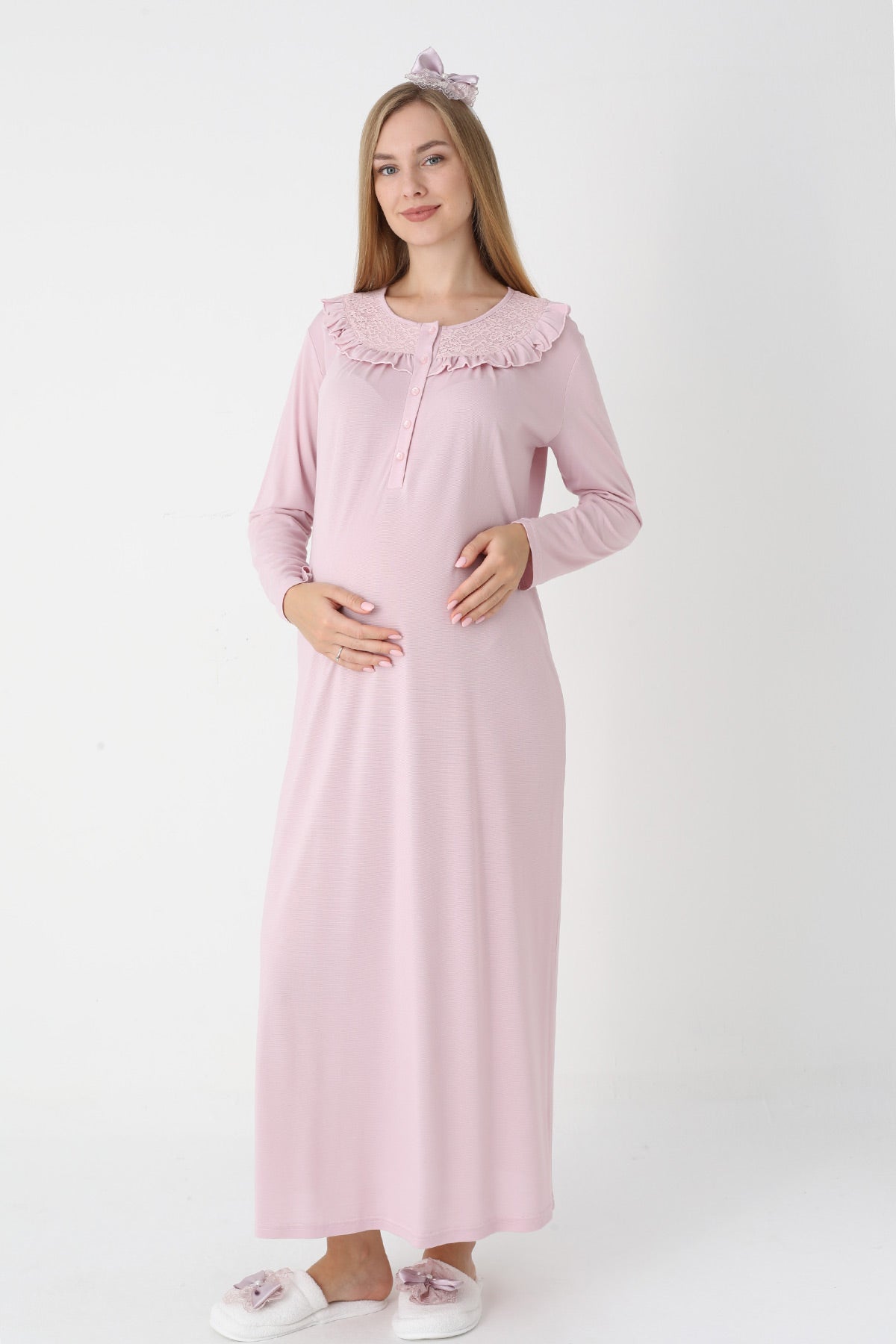 Lace Collar Maternity-Nursing Nightgown & Lace Sleeve Robe Set Powder - 2306