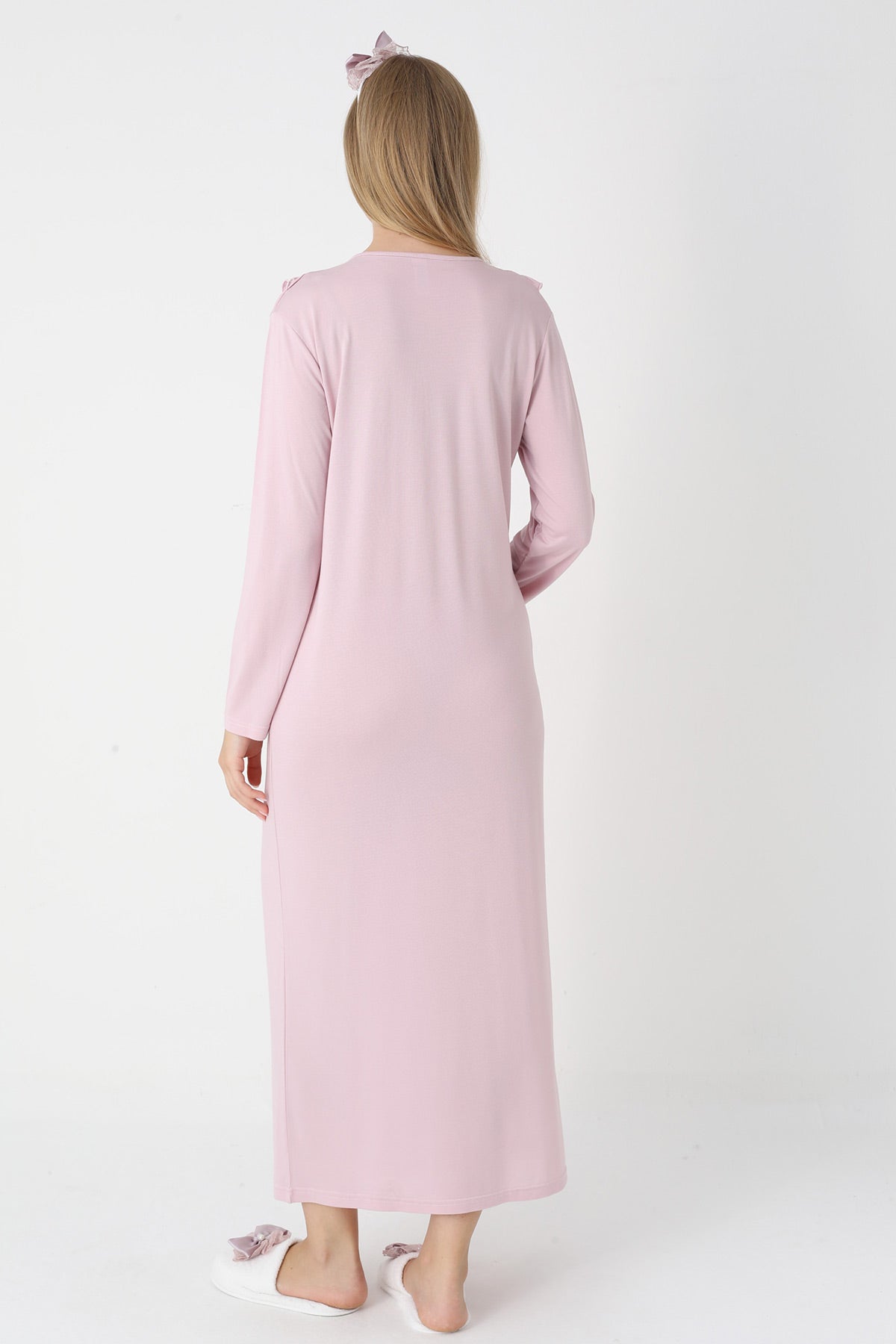 Lace Collar Maternity-Nursing Nightgown & Lace Sleeve Robe Set Powder - 2306