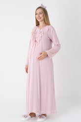 Lace Collar Maternity-Nursing Nightgown & Lace Sleeve Robe Set Powder - 2306