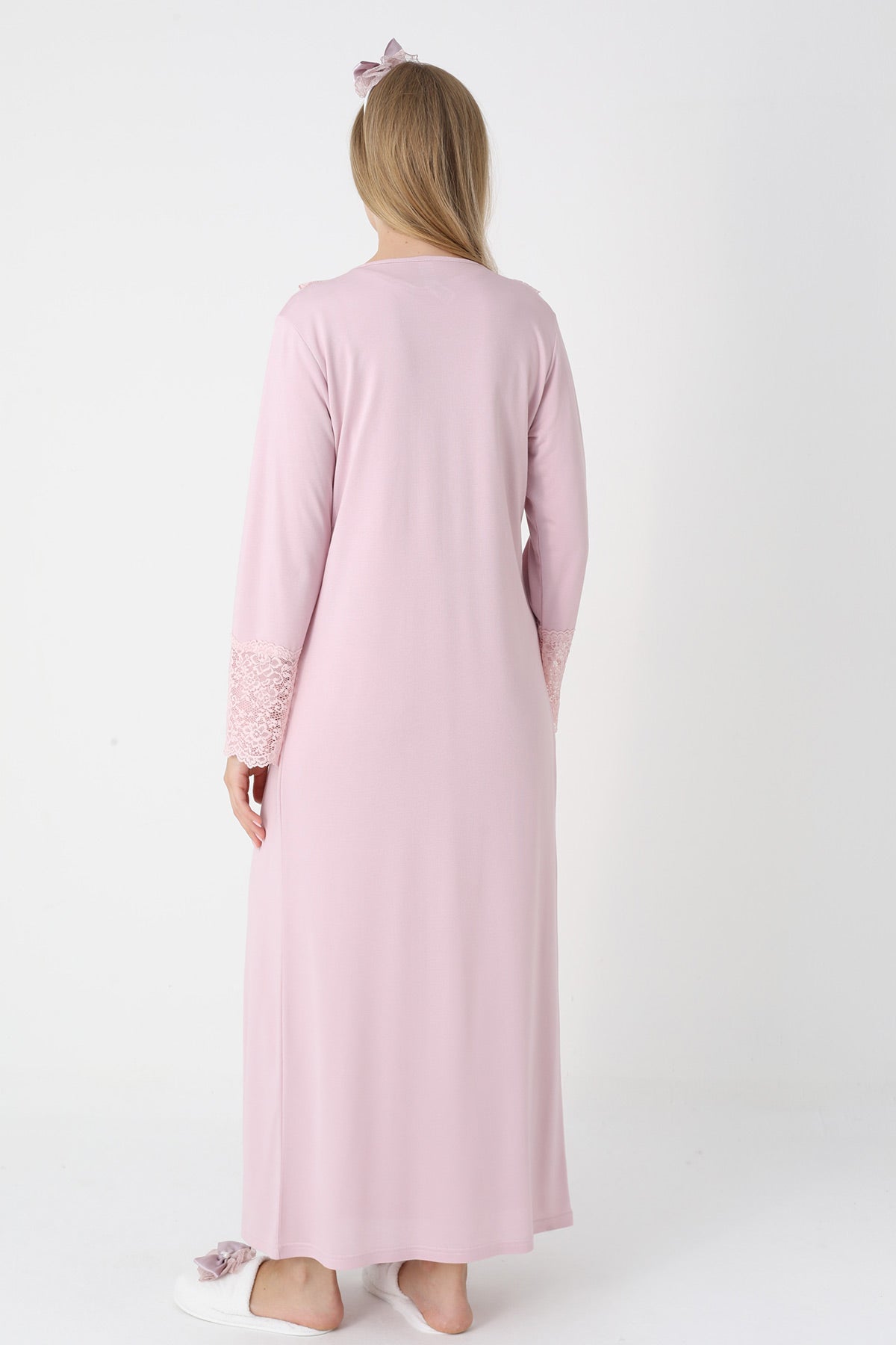 Lace Collar Maternity-Nursing Nightgown & Lace Sleeve Robe Set Powder - 2306