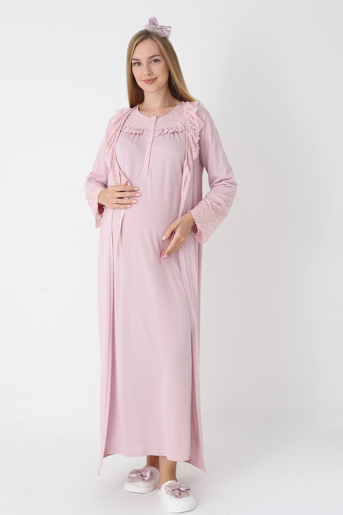 Lace Collar Maternity-Nursing Nightgown & Lace Sleeve Robe Set Powder - 2306