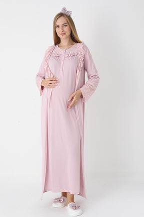 Lace Collar Maternity-Nursing Nightgown & Lace Sleeve Robe Set Powder - 2306