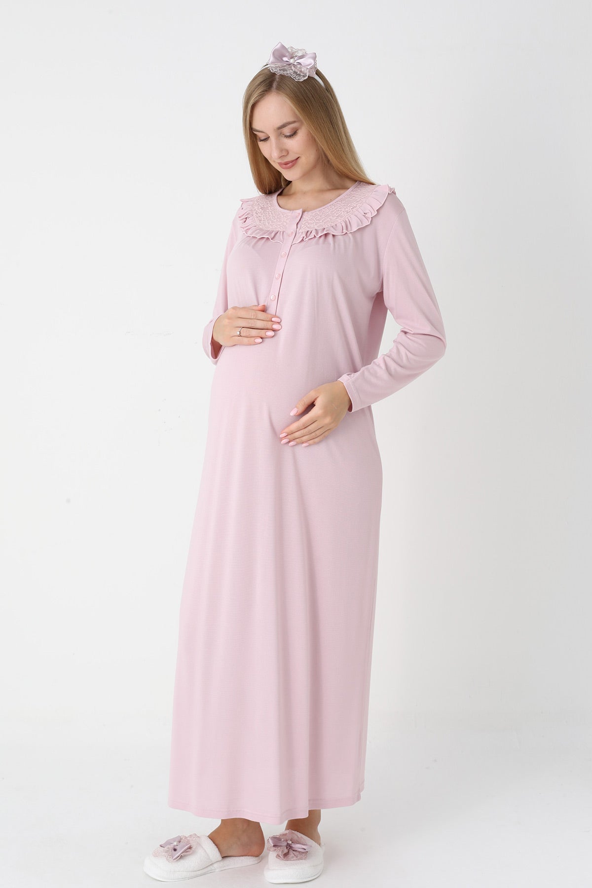 Lace Collar Maternity-Nursing Nightgown & Lace Sleeve Robe Set Powder - 2306