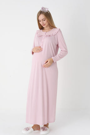 Lace Collar Maternity-Nursing Nightgown & Lace Sleeve Robe Set Powder - 2306