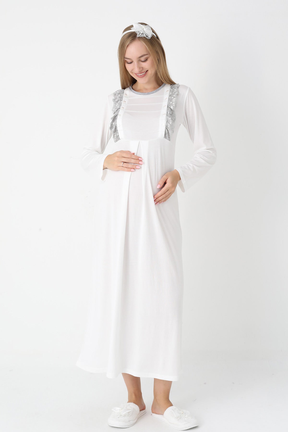 Lacy Edge Maternity-Nursing Nightgown & Polka Dot Robe Set Grey - 2308