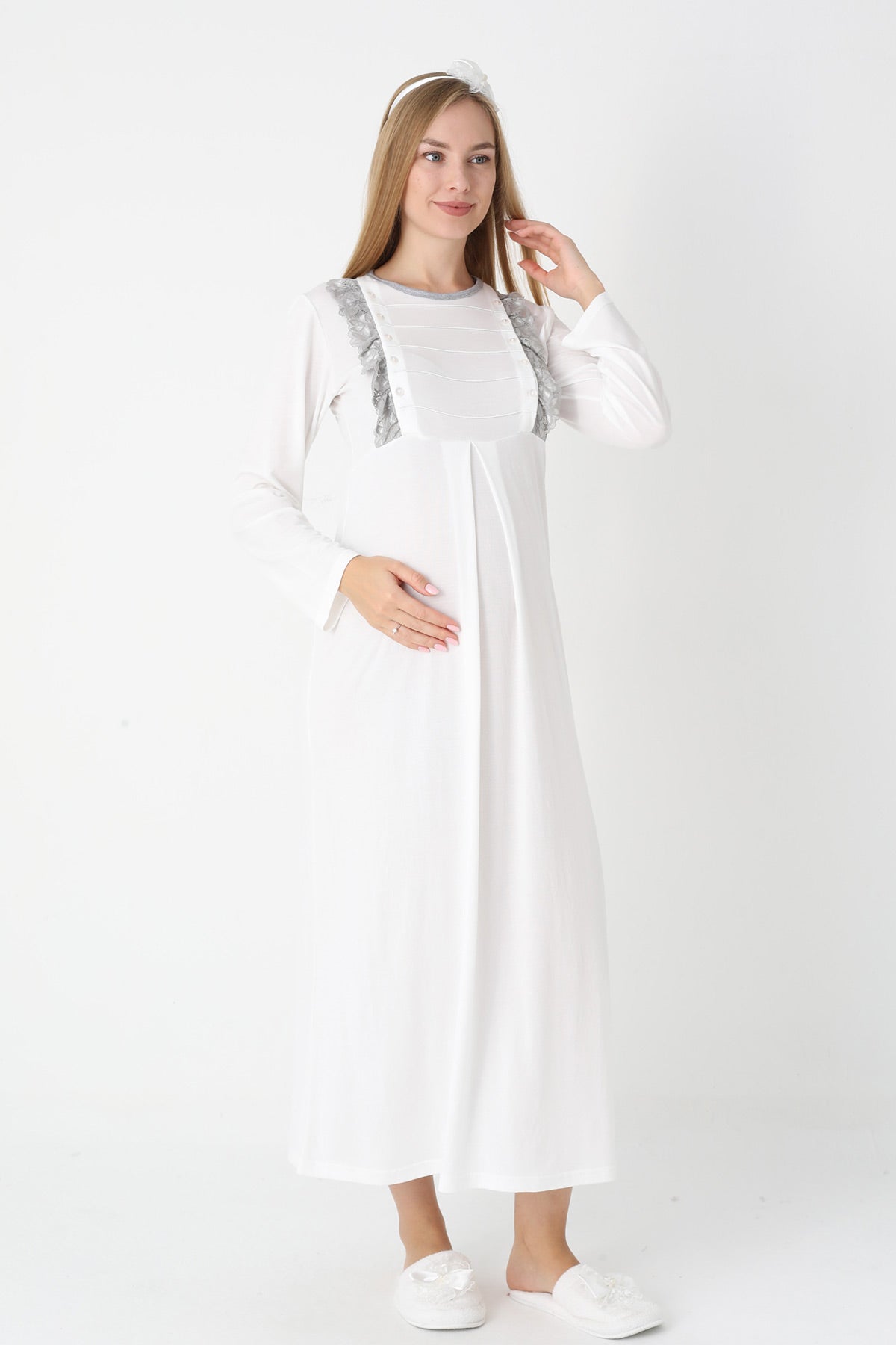 Lacy Edge Maternity-Nursing Nightgown & Polka Dot Robe Set Grey - 2308