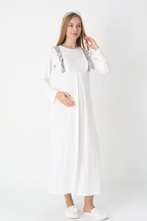 Lacy Edge Maternity-Nursing Nightgown & Polka Dot Robe Set Grey - 2308