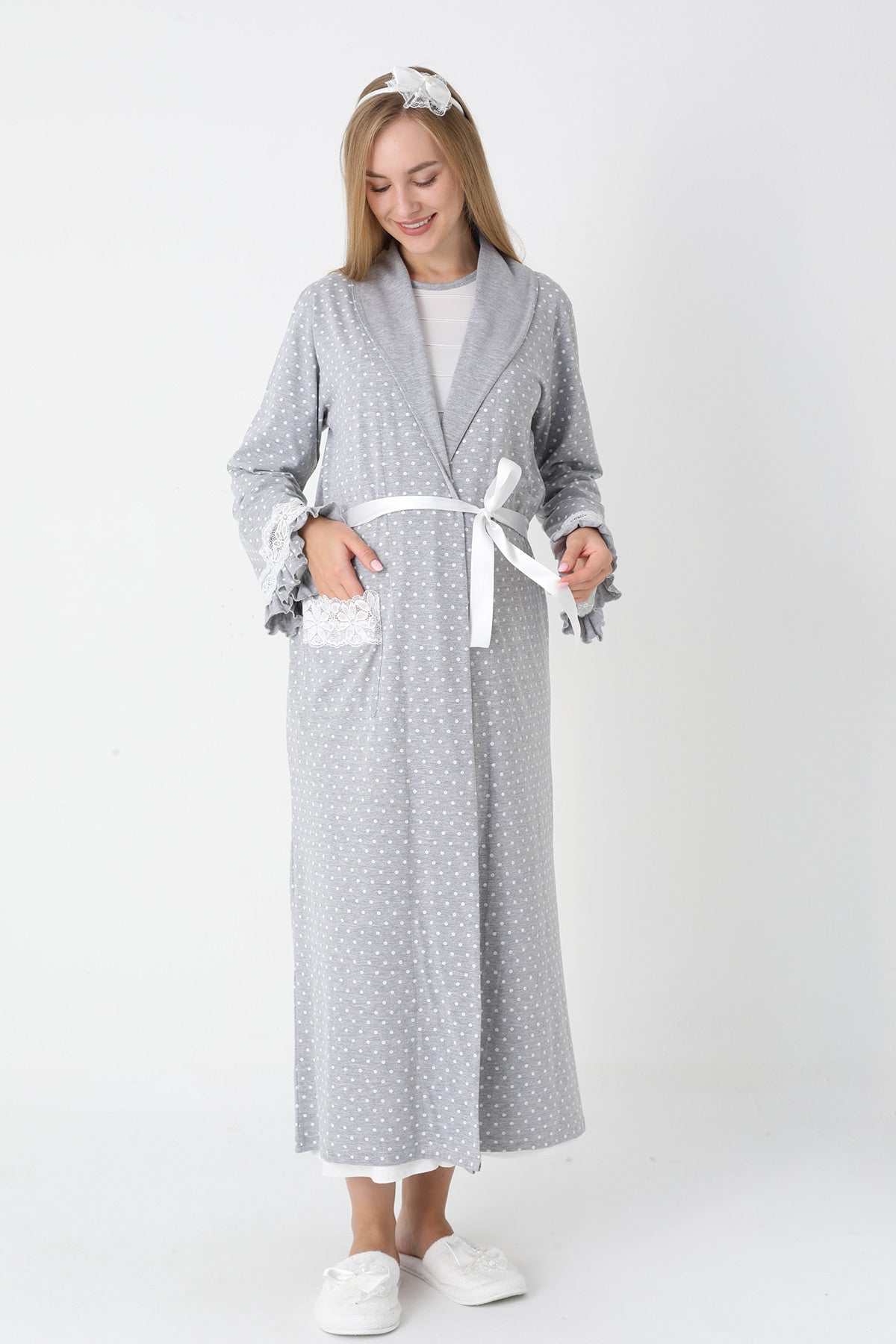 Lacy Edge Maternity-Nursing Nightgown & Polka Dot Robe Set Grey - 2308