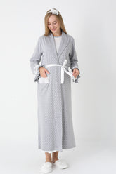 Lacy Edge Maternity-Nursing Nightgown & Polka Dot Robe Set Grey - 2308