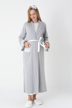 Lacy Edge Maternity-Nursing Nightgown & Polka Dot Robe Set Grey - 2308