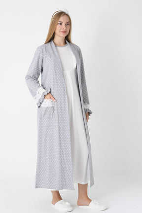 Lacy Edge Maternity-Nursing Nightgown & Polka Dot Robe Set Grey - 2308