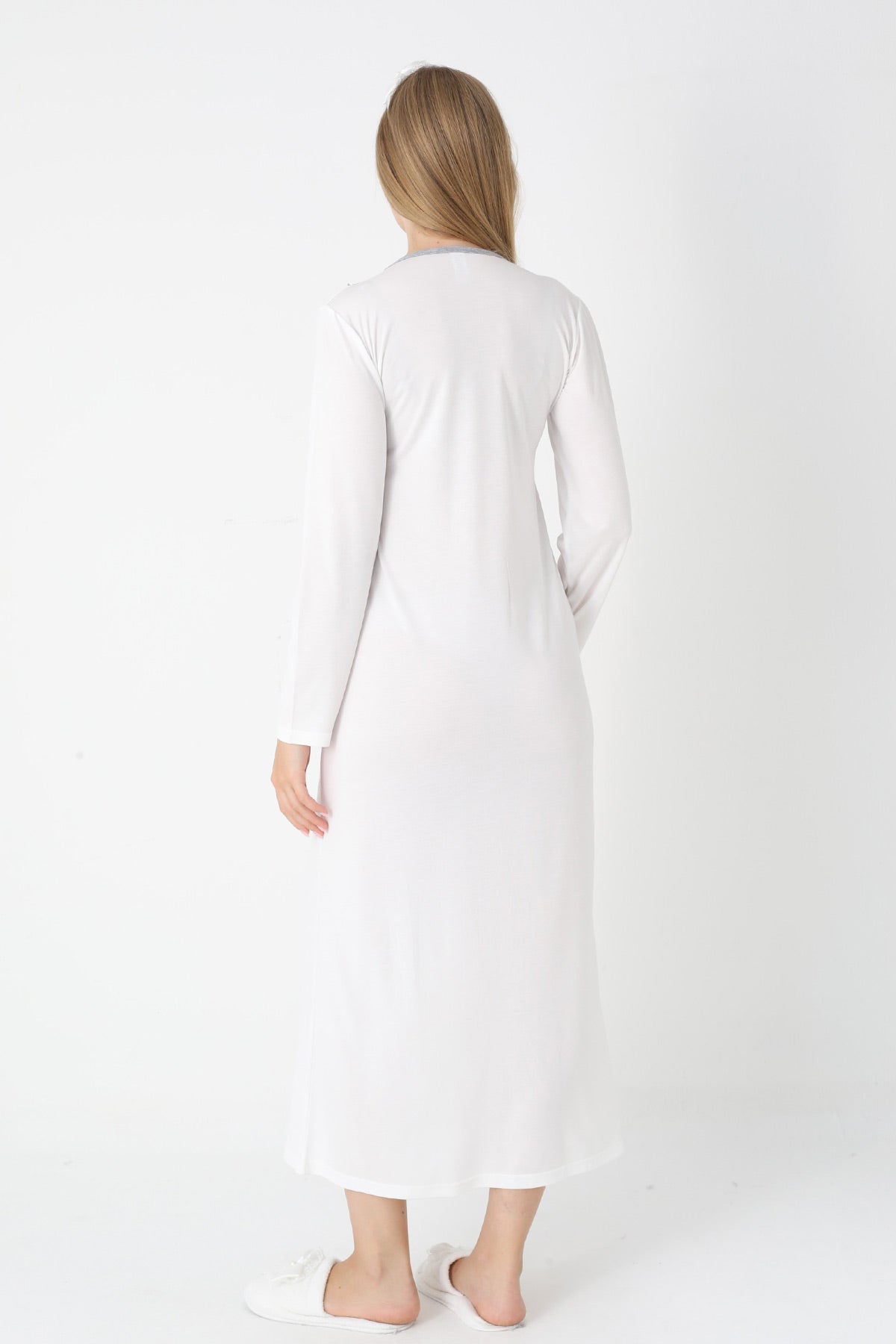 Lacy Edge Maternity-Nursing Nightgown & Polka Dot Robe Set Grey - 2308