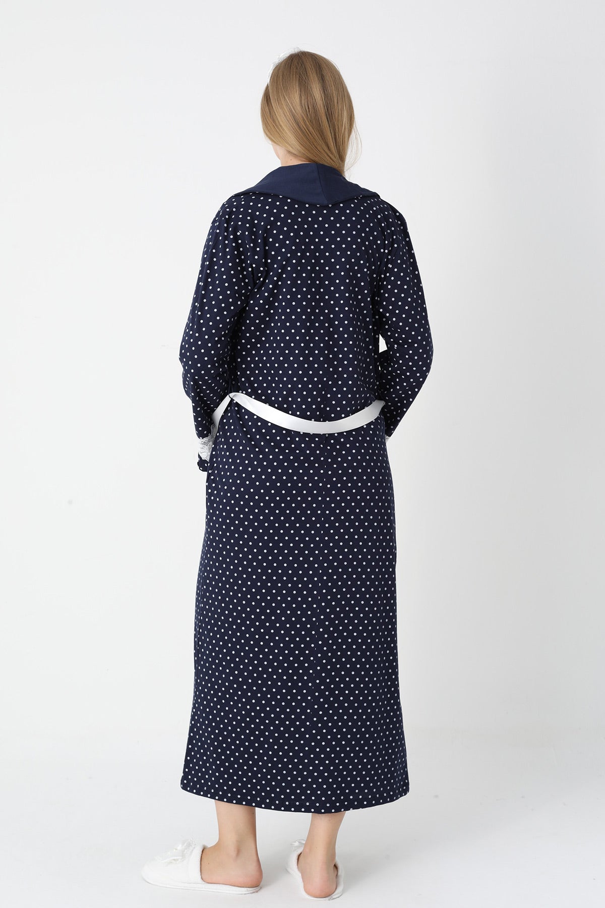 Lacy Edge Maternity-Nursing Nightgown & Polka Dot Robe Set Navy Blue - 2308