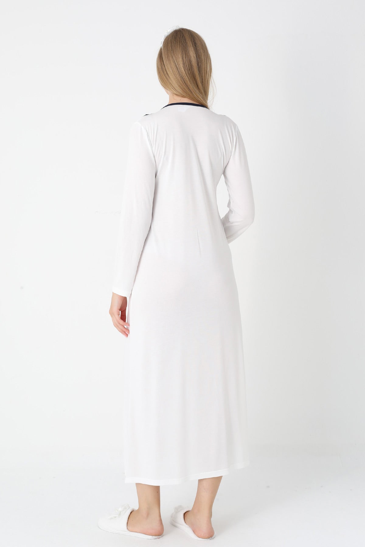 Lacy Edge Maternity-Nursing Nightgown & Polka Dot Robe Set Navy Blue - 2308