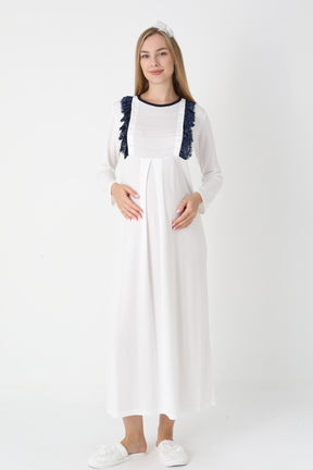 Lacy Edge Maternity-Nursing Nightgown & Polka Dot Robe Set Navy Blue - 2308