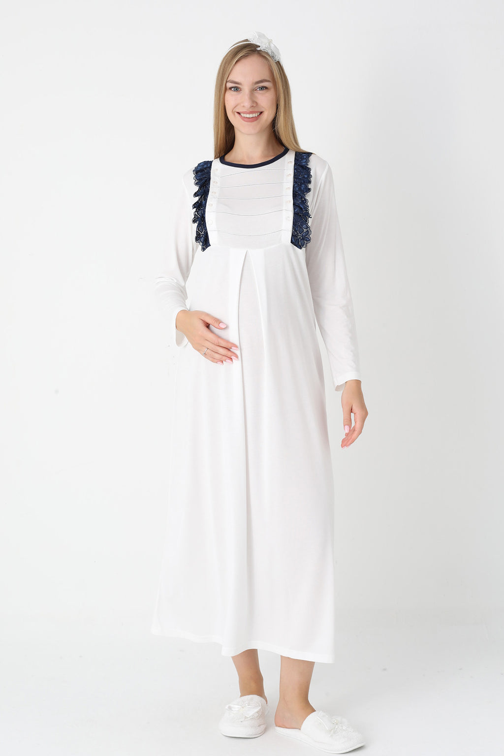Lacy Edge Maternity-Nursing Nightgown & Polka Dot Robe Set Navy Blue - 2308