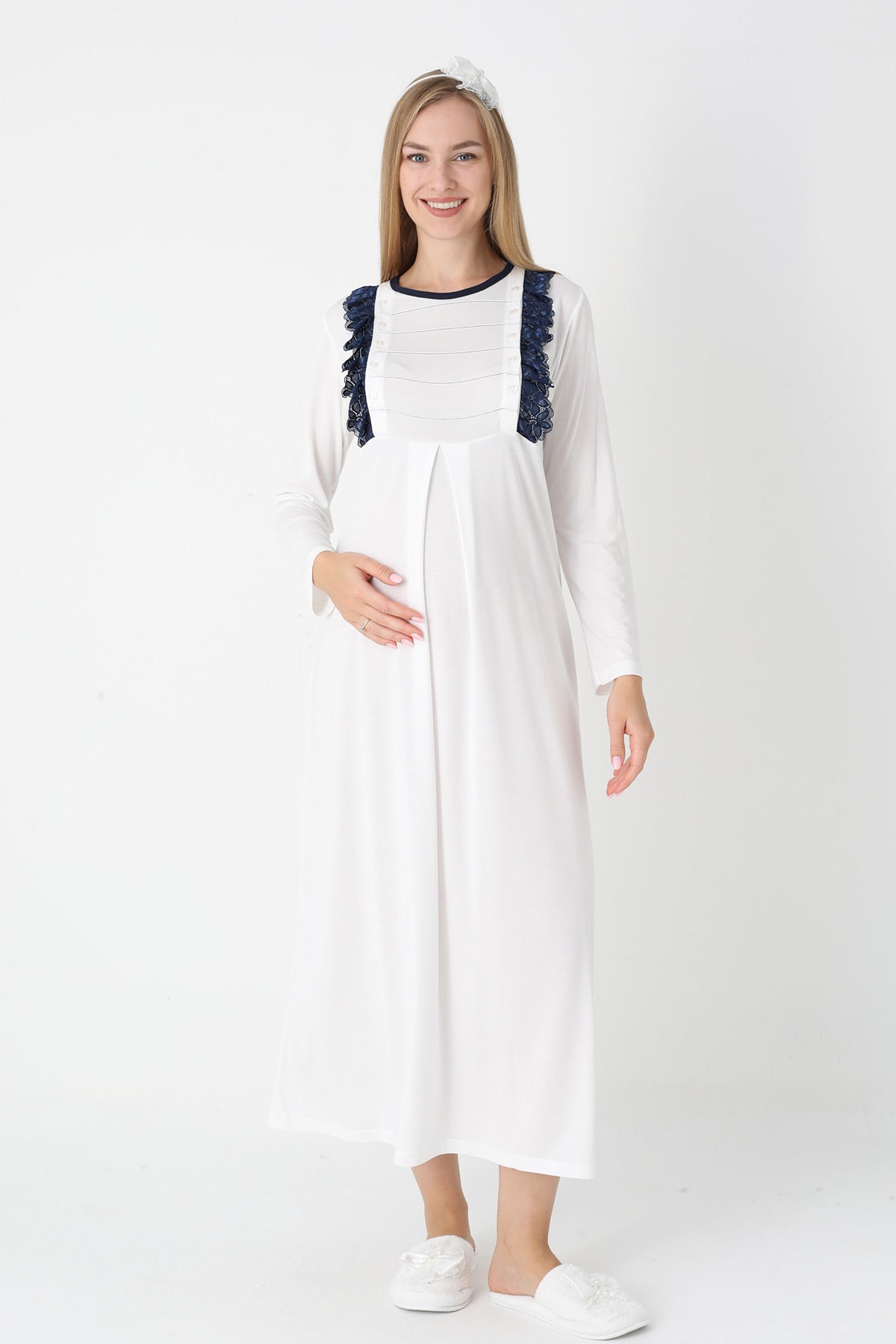 Lacy Edge Maternity-Nursing Nightgown & Polka Dot Robe Set Navy Blue - 2308