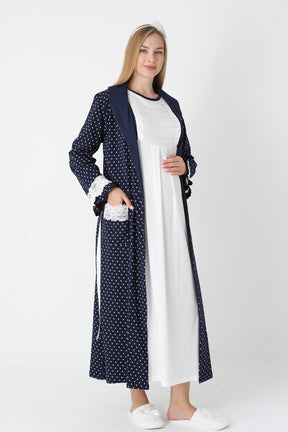 Lacy Edge Maternity-Nursing Nightgown & Polka Dot Robe Set Navy Blue - 2308