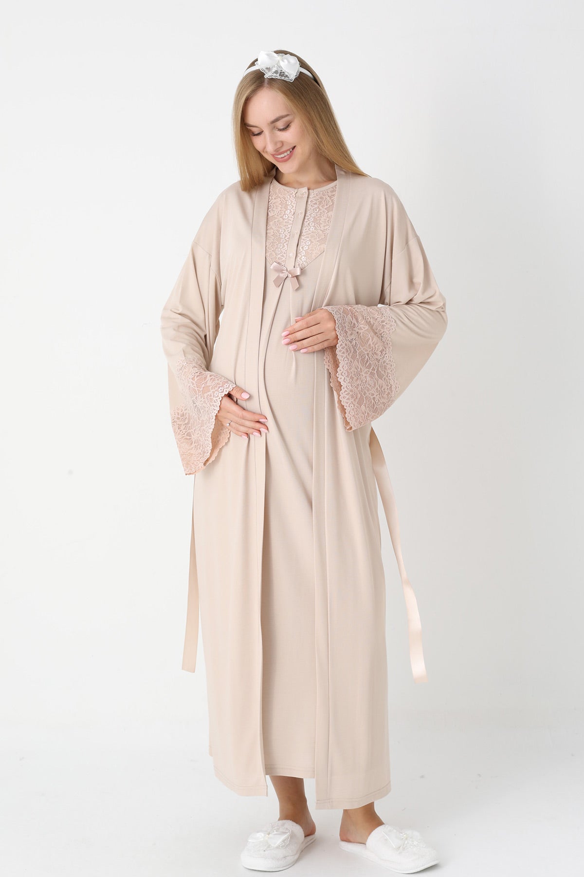 Guipure Collar Maternity-Nursing Nightgown & Lace Sleeve Robe Set Mink - 2309