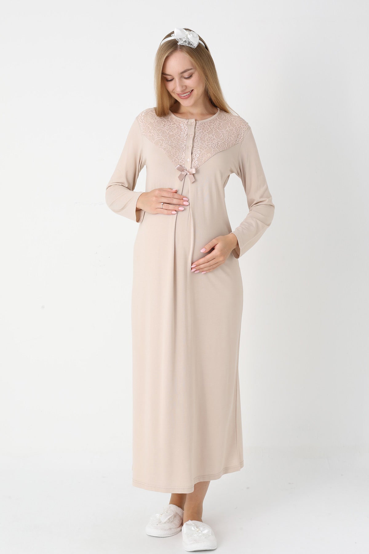 Guipure Collar Maternity-Nursing Nightgown & Lace Sleeve Robe Set Mink - 2309