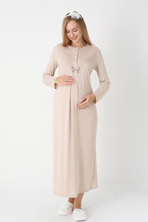 Guipure Collar Maternity-Nursing Nightgown & Lace Sleeve Robe Set Mink - 2309