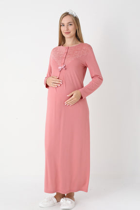 Guipure Collar Maternity-Nursing Nightgown & Lace Sleeve Robe Set Pomegranate Red - 2309