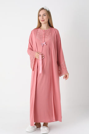 Guipure Collar Maternity-Nursing Nightgown & Lace Sleeve Robe Set Pomegranate Red - 2309