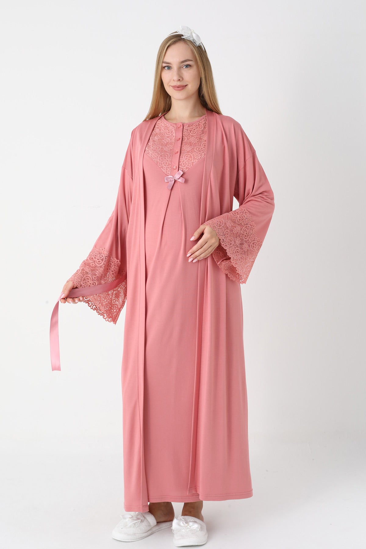 Guipure Collar Maternity-Nursing Nightgown & Lace Sleeve Robe Set Pomegranate Red - 2309